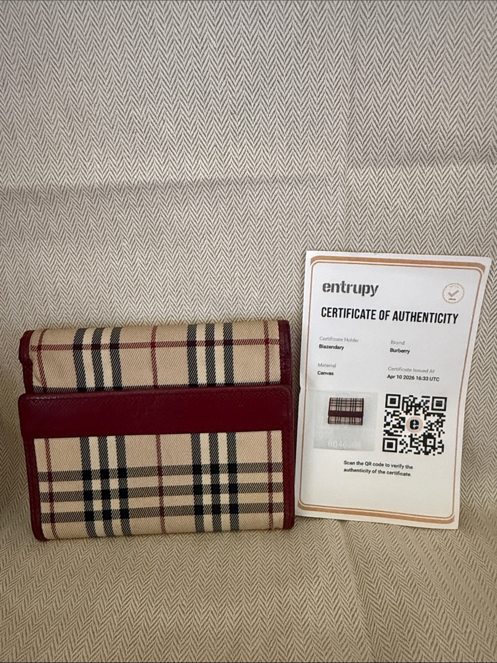 Burberry Beige Check Card Wallet with Burgundy Trim